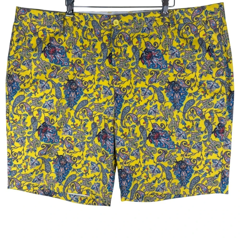 Hreski Golf Shorts Mens 44 Yellow Paisley Performance Stretch Flat Front